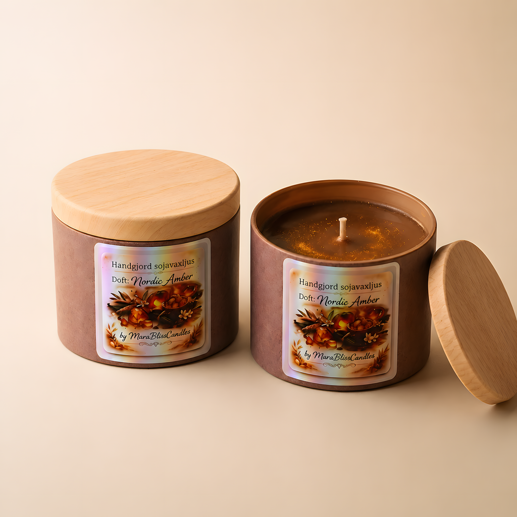 Candle in a metal container with wooden lid on a beige background