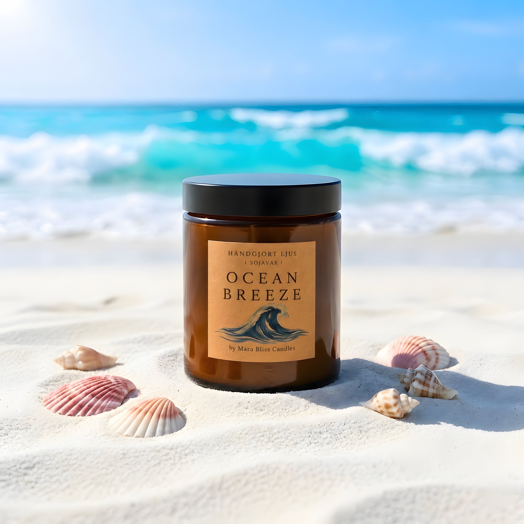Candle labeled 'Ocean Breeze' on a sandy beach with shells and ocean in the background