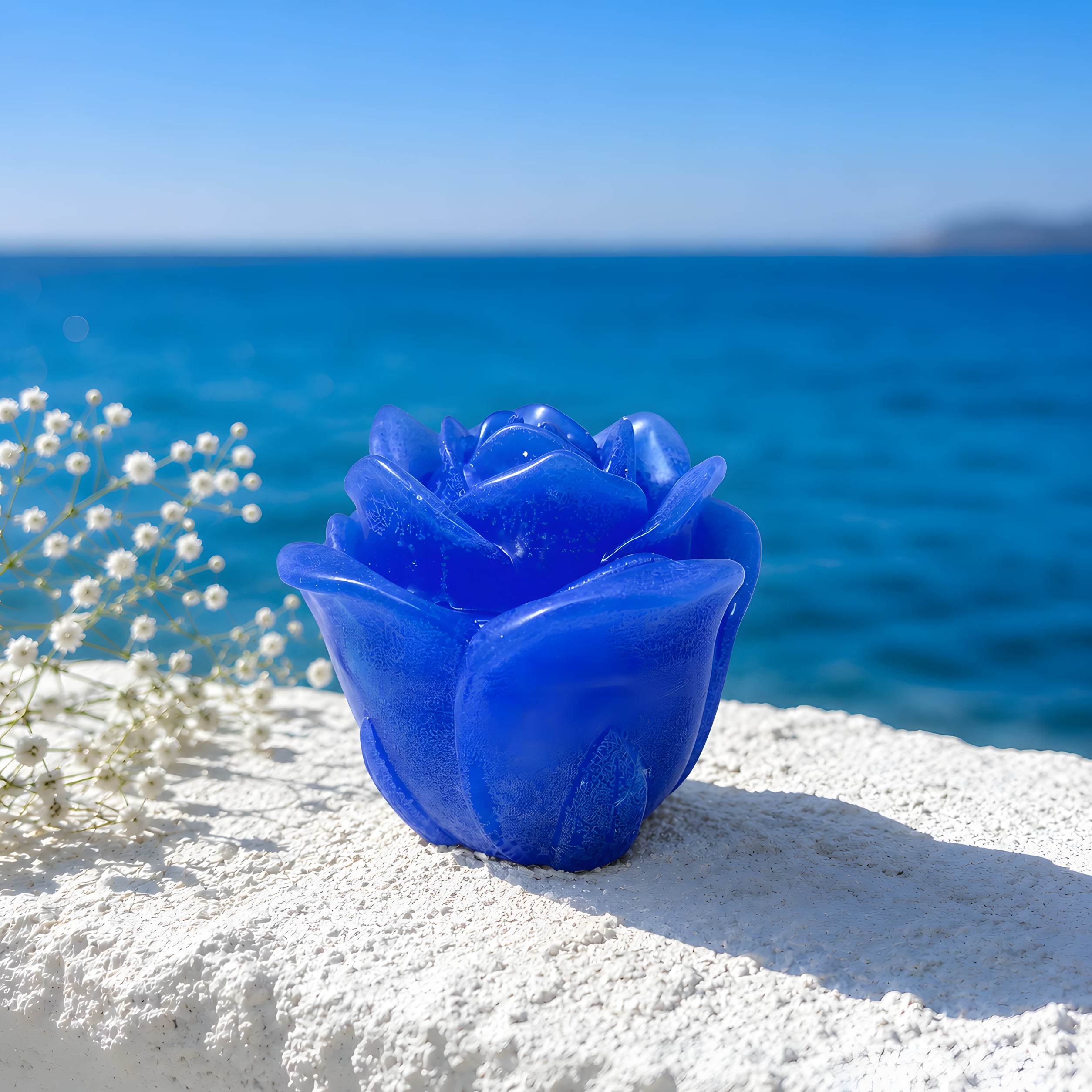 Blue rose-shaped object on a white ledge with ocean in the background