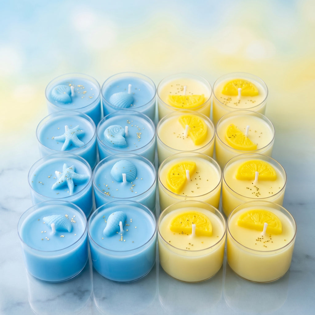 Set of blue and yellow candles on a marble surface with a blurred background