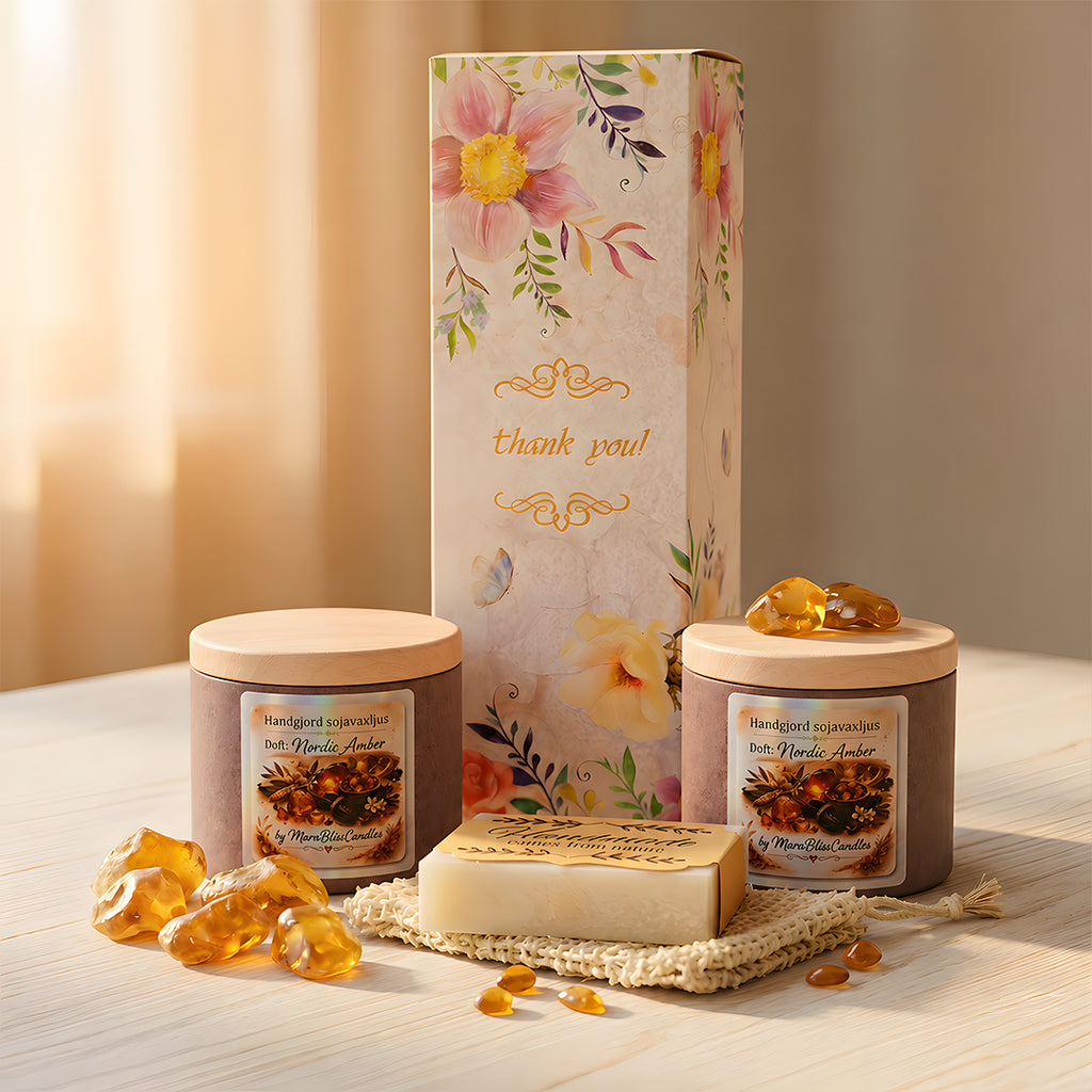 Candle and soap set with decorative packaging on a wooden surface