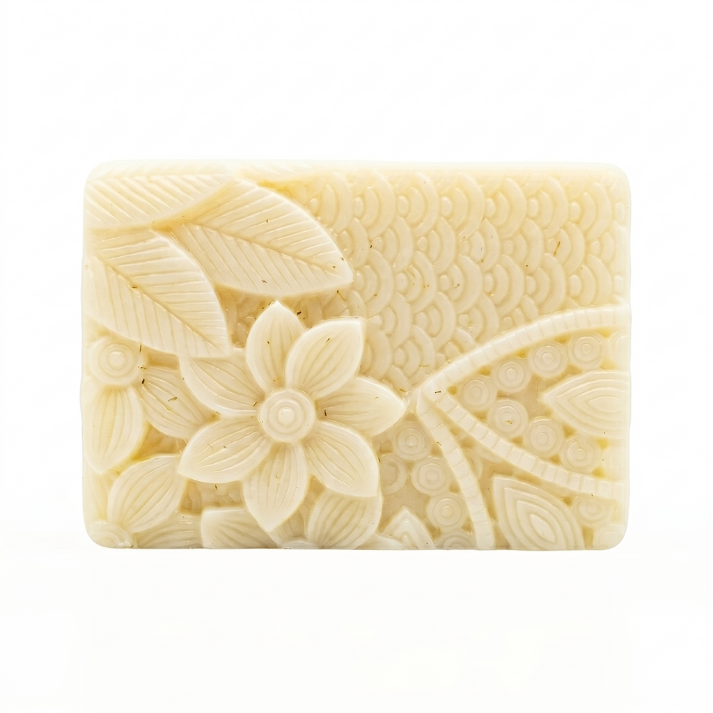 Bar of soap with floral design on a white background