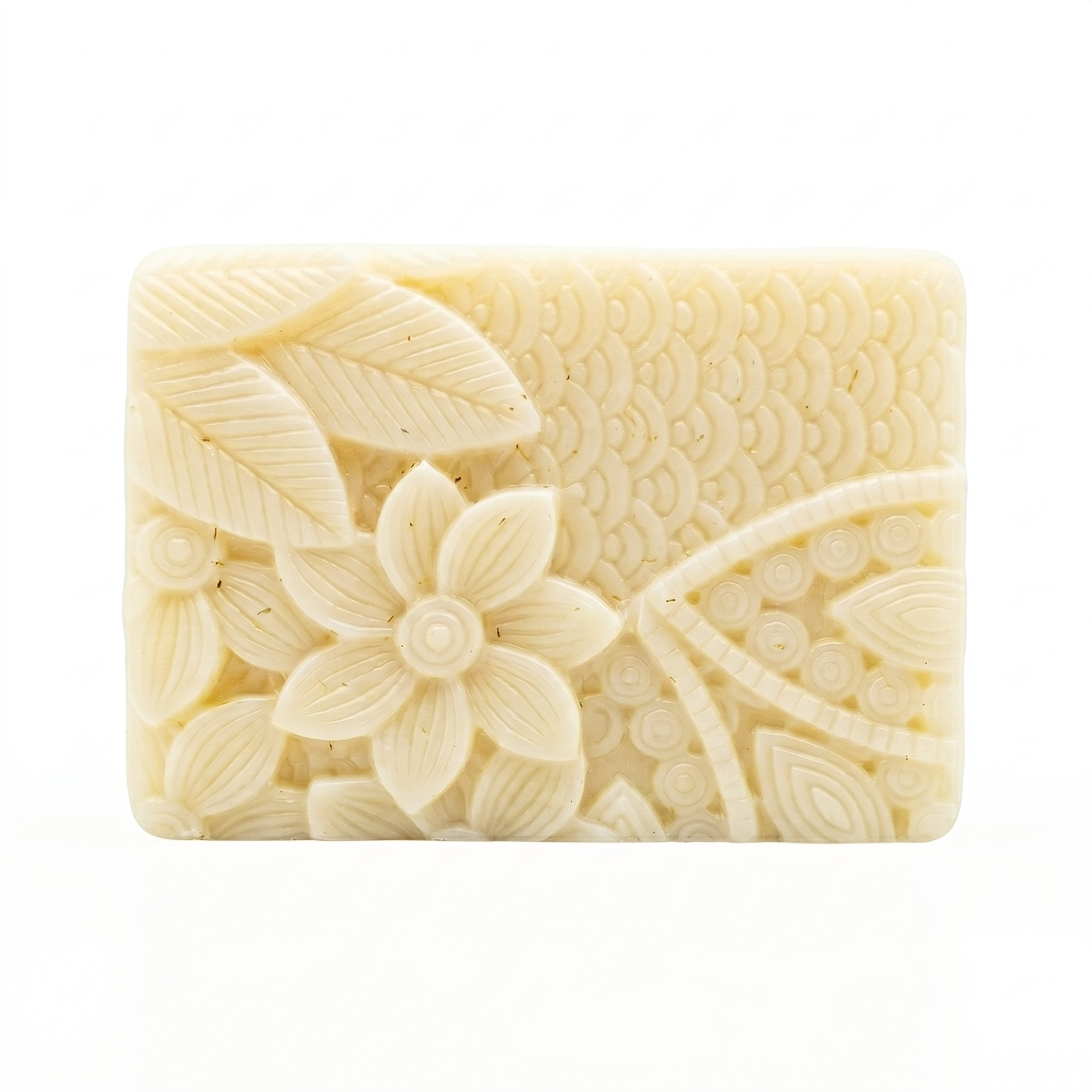 Bar of soap with floral design on a white background