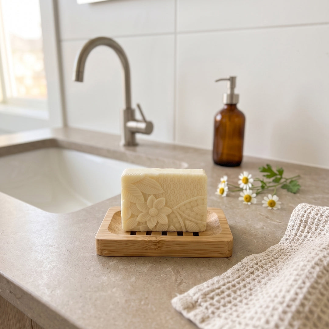 Bar of soap on a wooden soap dish with a sink and window in the background