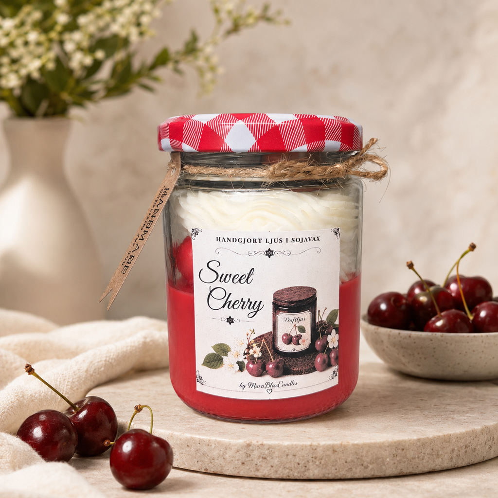 A jar candle labeled 'Sweet Cherry' by Maren+Lilla Candle, styled on a stone tray with red cherries and a neutral background.